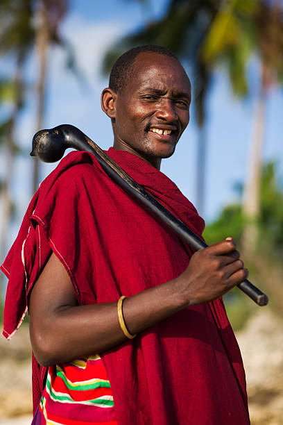 Portrait Masai Warrior dressed in his traditional clothing. Zanzibar. Tanzania