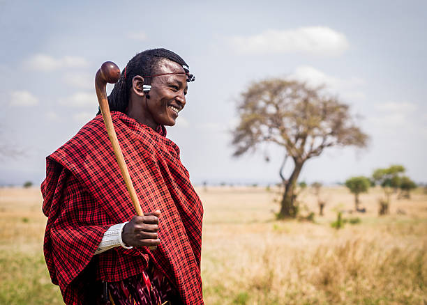 Mikumi, Tanzania - Ocotber 25, 2014: Maasai warrior in Mikumi National Park, Tanzania, assisting tourists in one of the camps on a normal day.