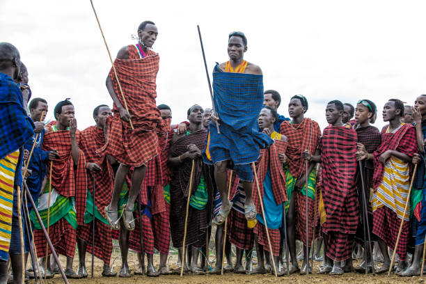 Same, Tanzania, 5th June, 2019: maasai warriors, jumping impressive haights to impress ladies