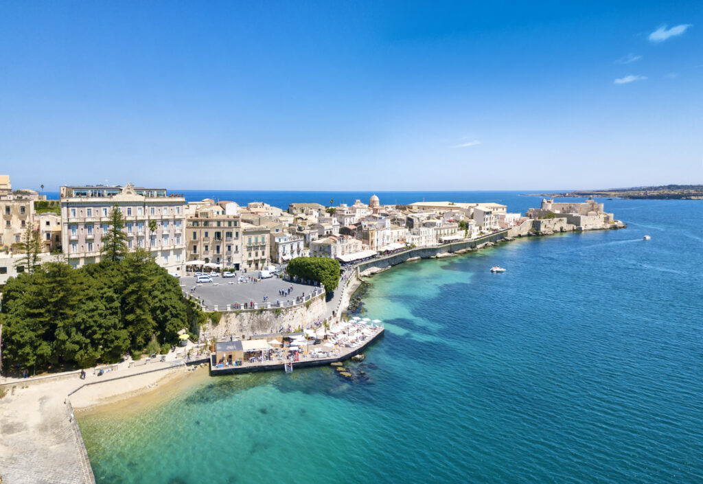 Panoramic view of Ortygia, Syracuse, Sicily. Photo taken with drone.