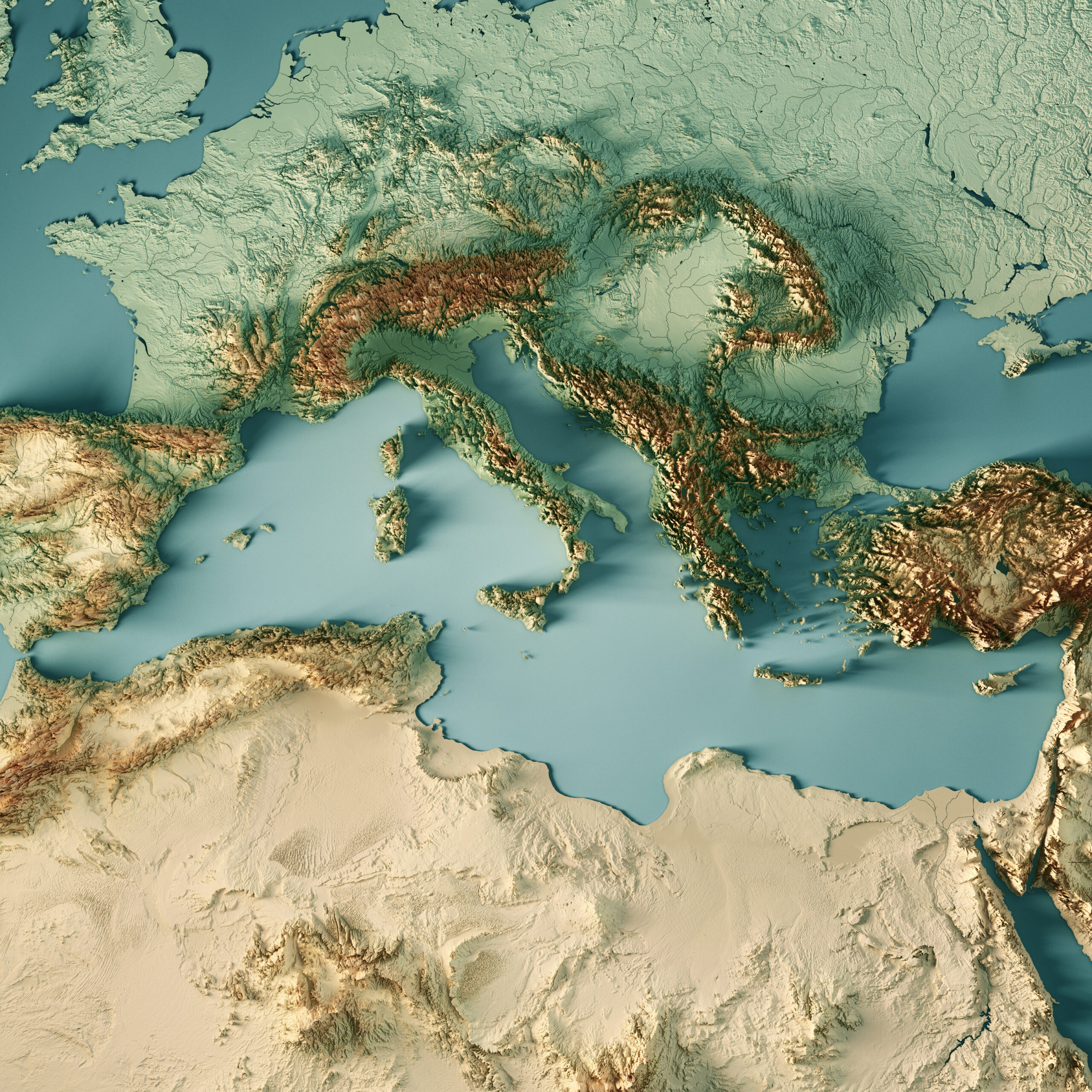 3D Render of a Topographic Map of the Mediterranean Sea region. 