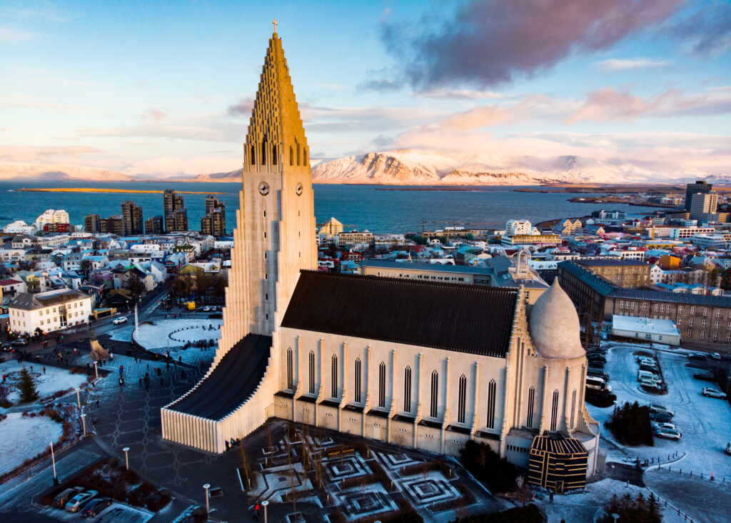 Landmark aerial view of Reykjavik, the capital of Iceland