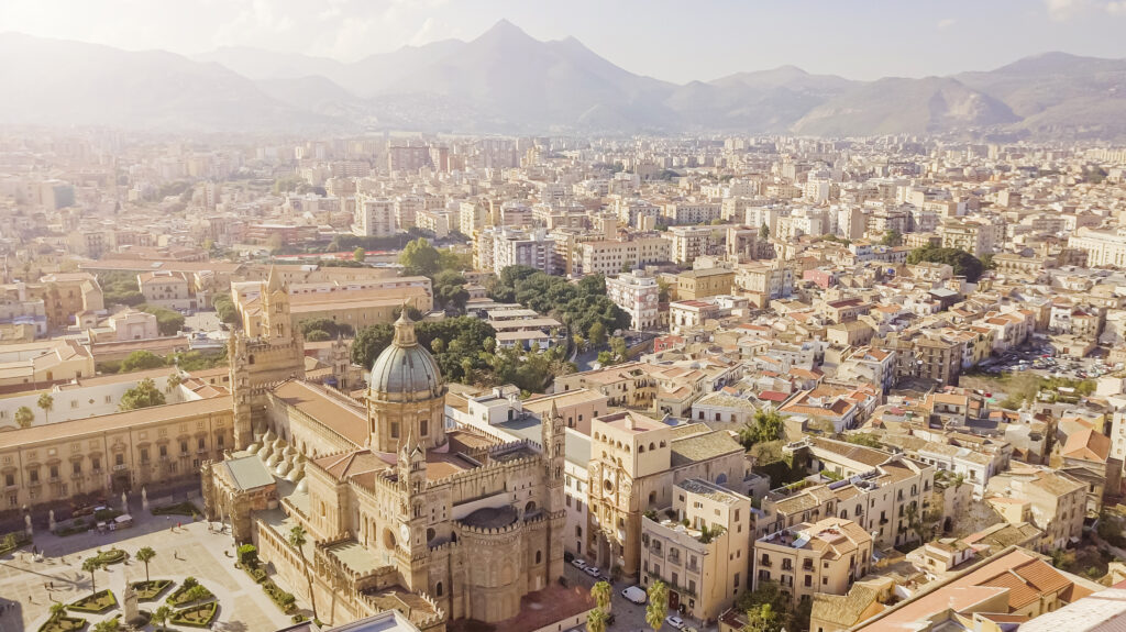 drone aerial view of old famous destination town Palermo is located in the northwest of the island of Sicily