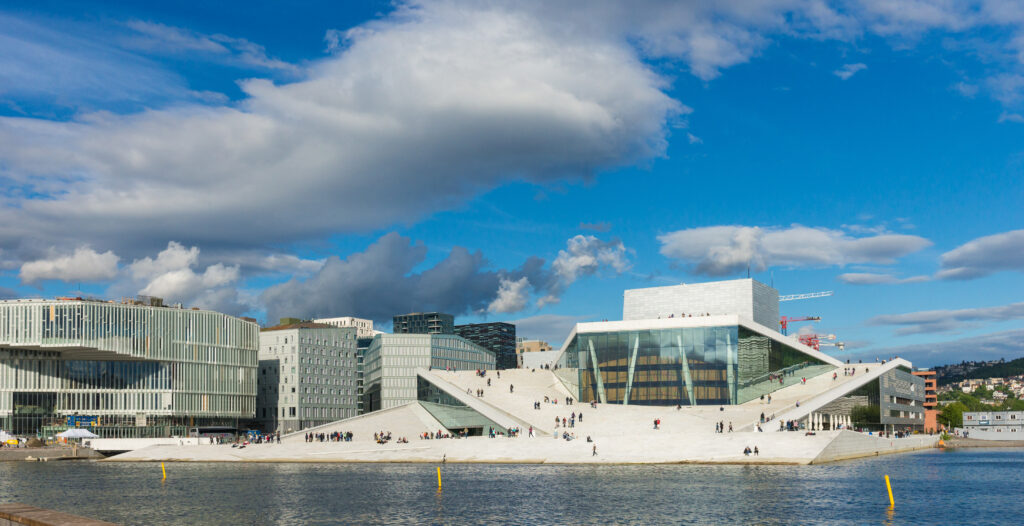 Panorama of Oslo waterfront with Oslo Opera House, Oslo, Norway - June 1, 2019