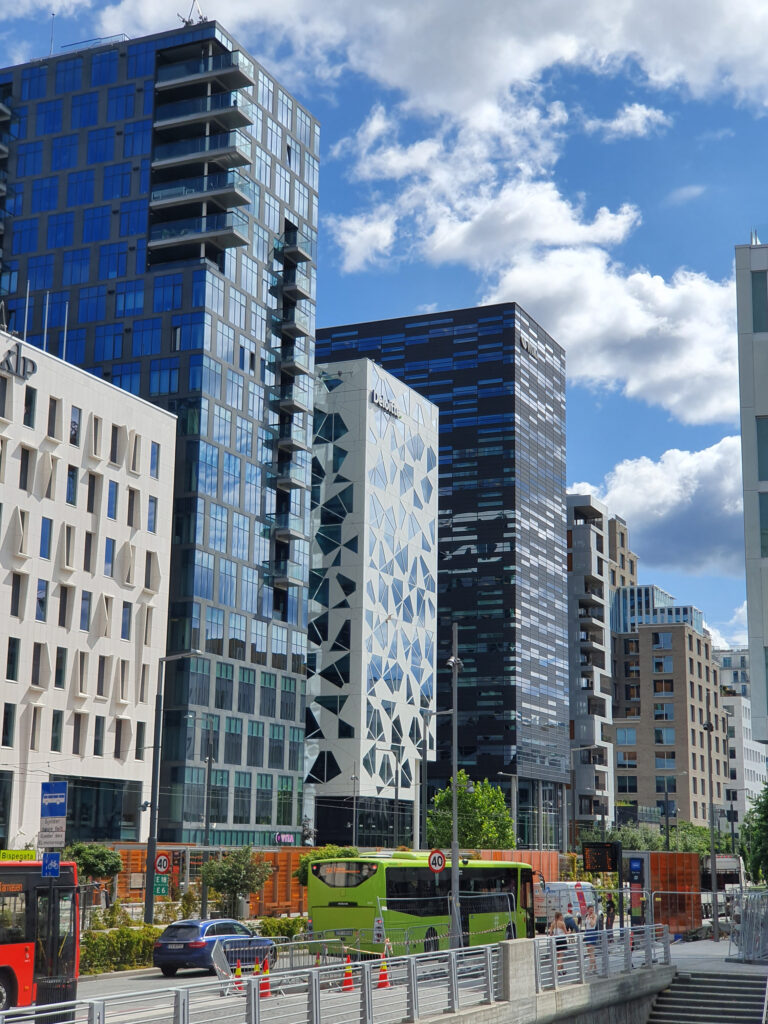 July 2019. Buildings in Bjørvika neighborhood in Oslo, part of Barcode redevelopment Project, Norway