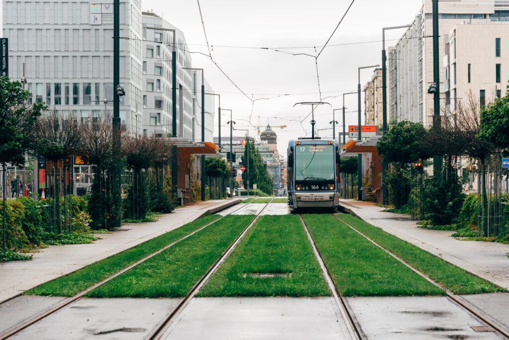 Oslo, Norway - August 11, 2019: Tramway at Barcode Project area. A redevelopment on former dock and industrial land in central Oslo.