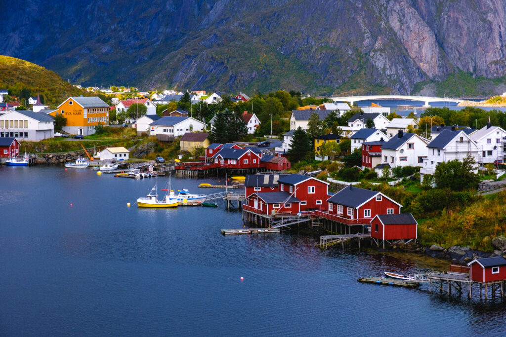 View of the village among the fjords in Norway, Lofoten islands