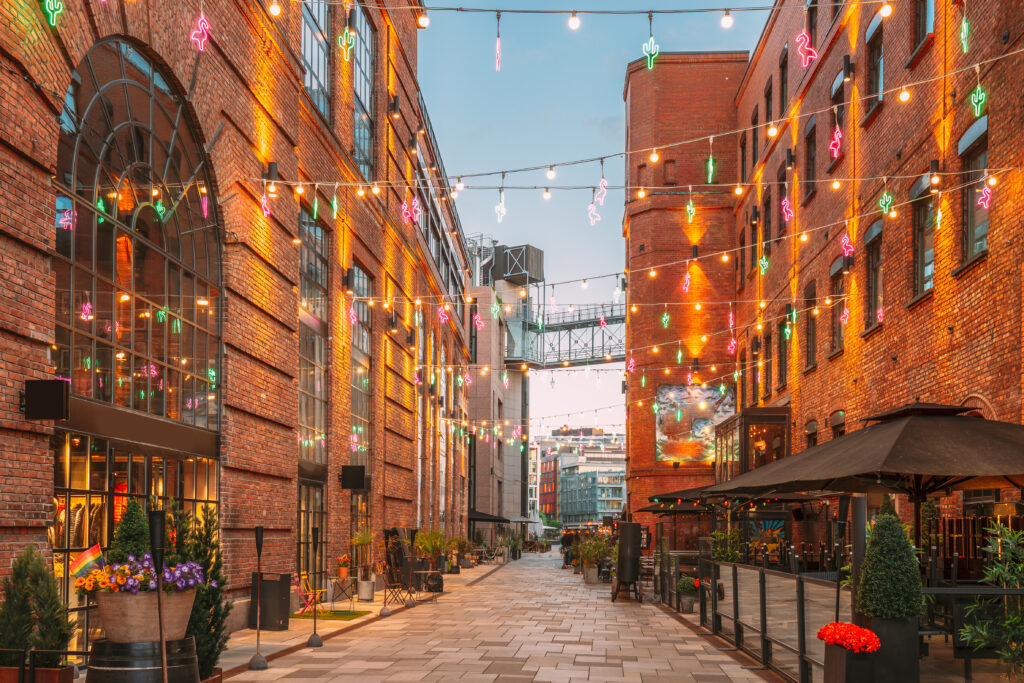 Evening view Of old houses In Aker Brygge District, summer evening