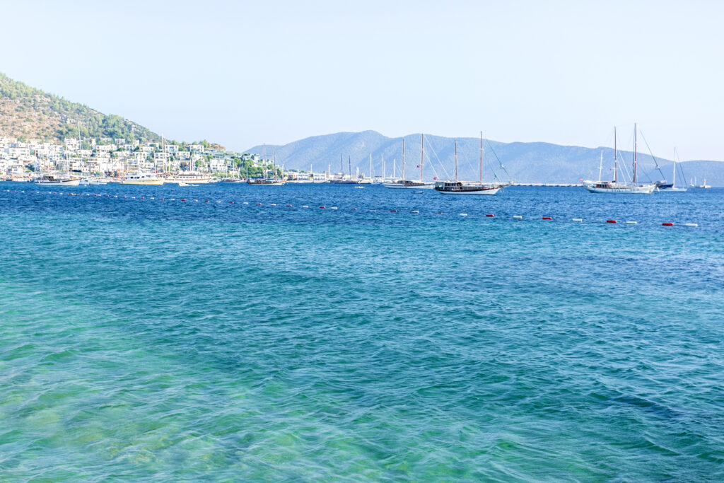 Yacht In A Beautiful Bay Near Bodrum, Turkey. Traveling concept. Summer holiday.