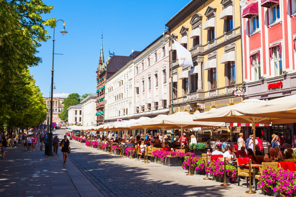 Street cafe at the Karl Johans Gate, the main pedestrian street in Oslo, Norway, July 20, 2017