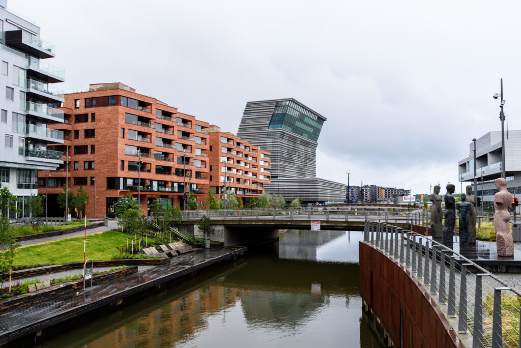 Oslo, Norway - August 11, 2019: View of Barcode Project area and Munch Museum. A redevelopment on former dock and industrial land in central Oslo.