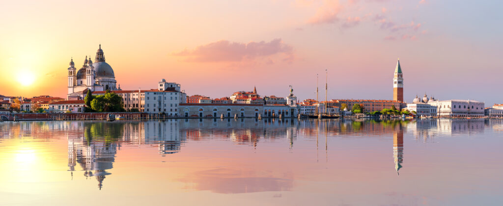 Venice panorama, view of Saint Mary of Health Church, the Doge's Palace, Saint Mark's Tower and the lagoon.