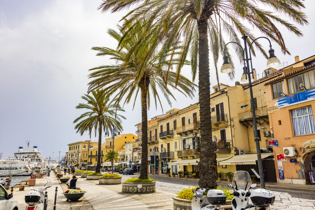 View of a small town along the promenade on Maddalena island, Sardinia.