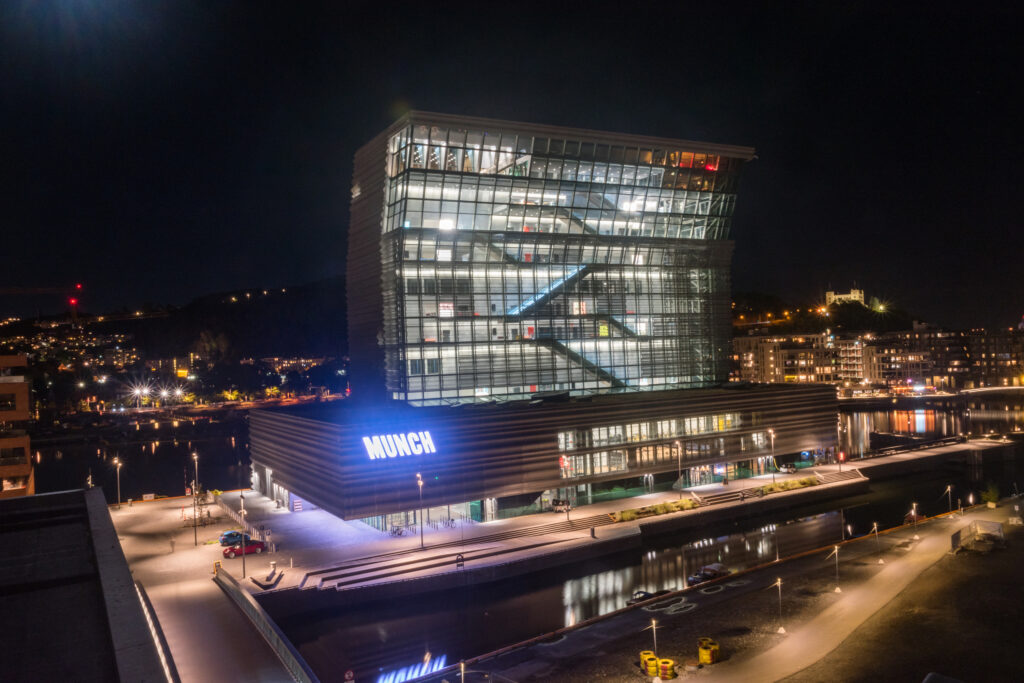 Oslo, Norway - September 23, 2021: Construction site of the current Munch Museum at Bjorvika at night.