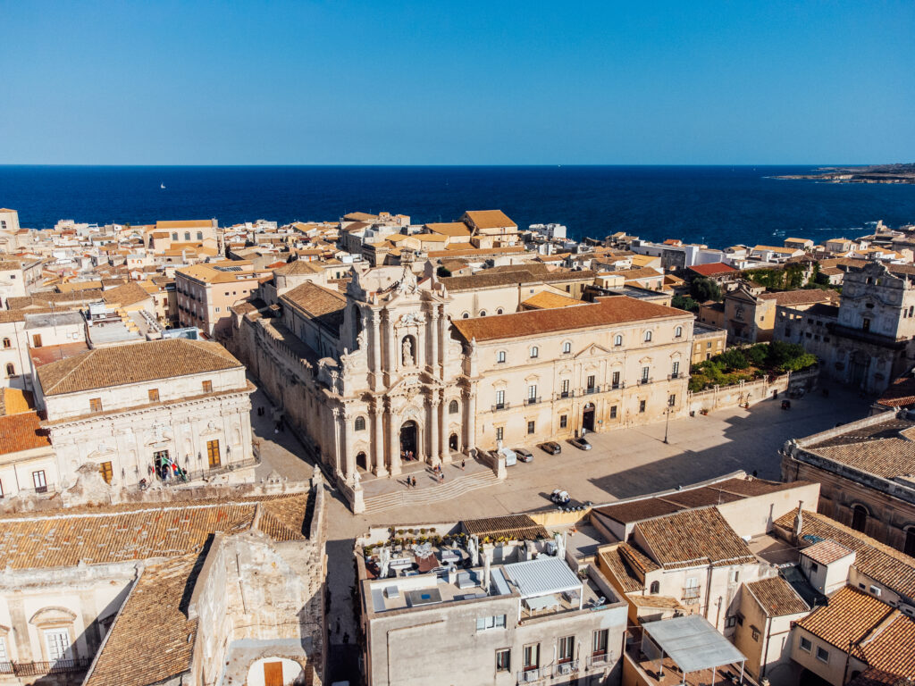 Aerial view of Piazza del Duomo in Ortigia, Syracuse, Sicily.