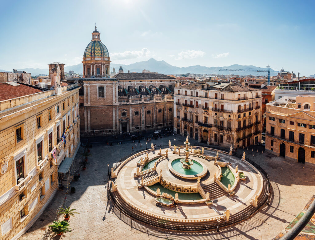 Aerial view of Pretoria Fountain in Palermo, Sicily, Italy. Piazza Pretoria.