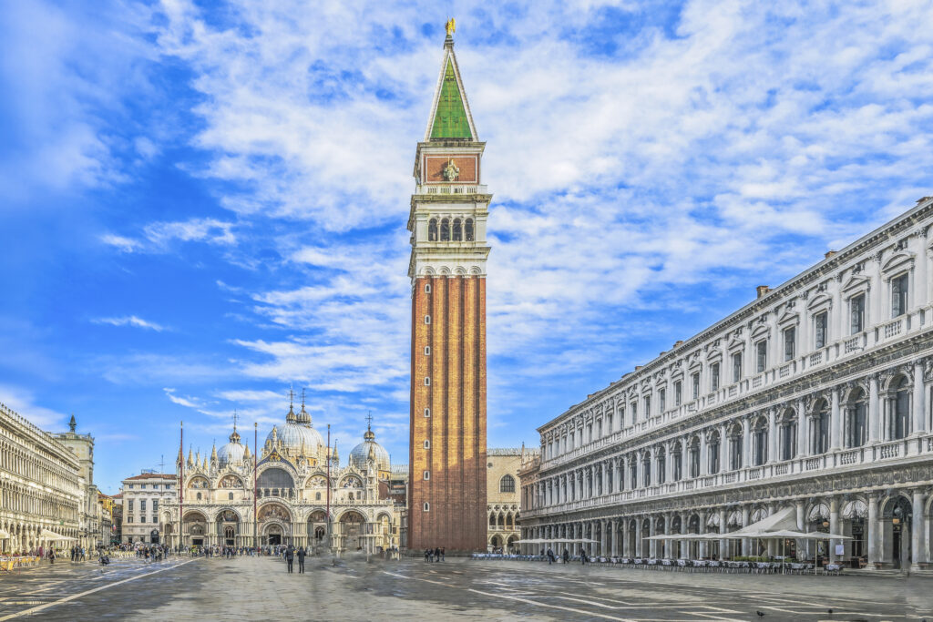 St. Mark's Square with St. Mark's Basilica and St. Mark's Tower in Venice, Italy