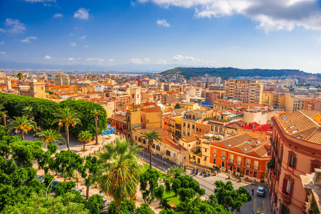 Cagliari, Sardinia, Italy cityscape from above in the morning.