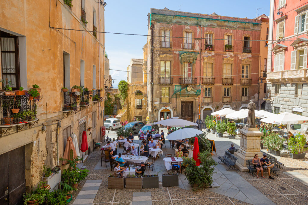 Cagliari, Sardinia, Italy 09 September 2021:Carlo Alberto square in the historic center  also occupied by some  restaurant.