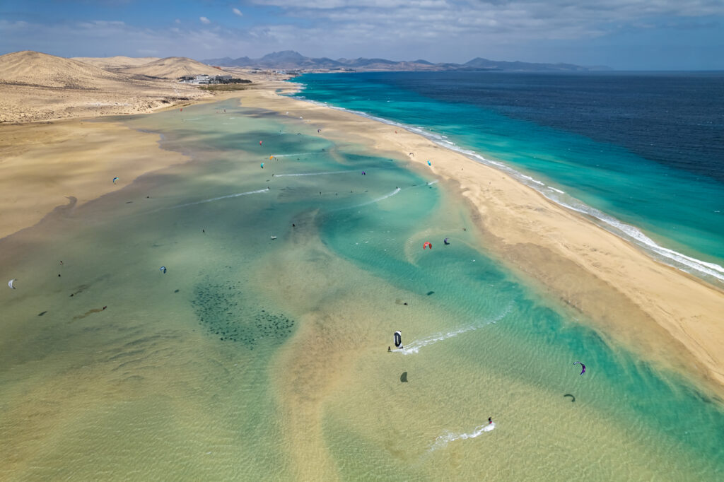 Flight over Playa de la Barca beach, Fuerteventura