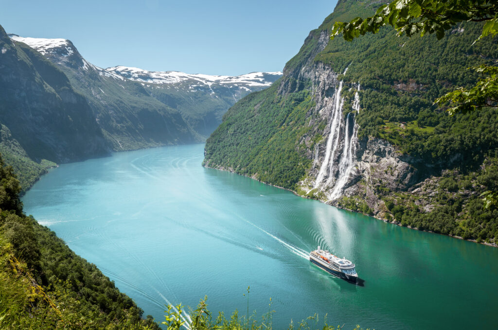 Geiranger, Norway - June 29, 2022: Seven Sisters waterfall in Geirangerfjord, Norway