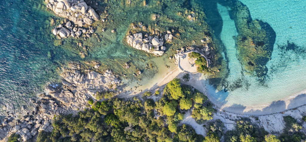 Aerial view of rocks at Palombaggia beach, Corsica