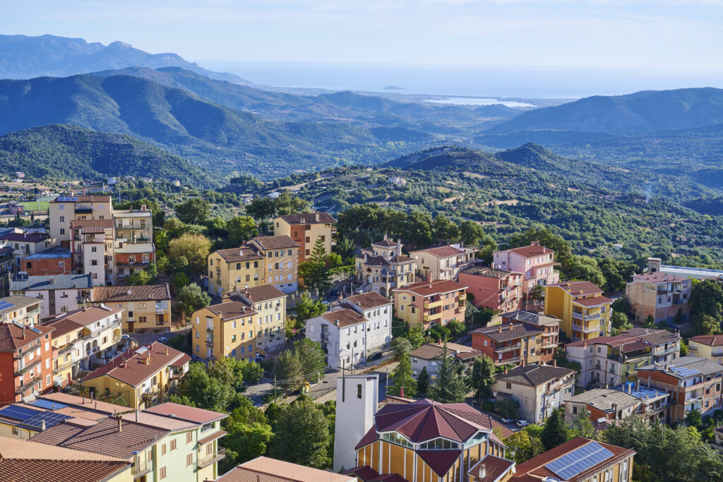 Aerial view of Lanusei, a mountain village in Province of Nuoro. Sardinia. Italy.