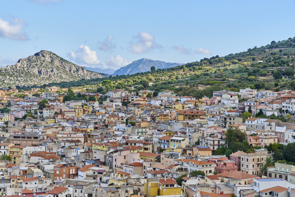 Aerial view of Dorgali, a mountain town in Province of Nuoro. Sardinia. Italy.