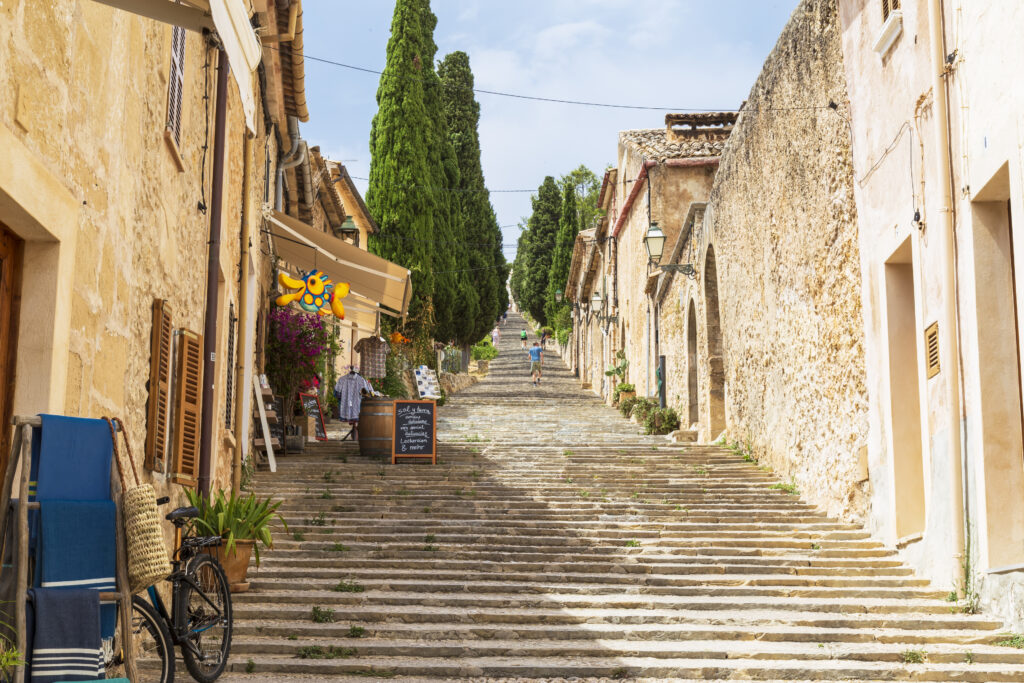 Pollença, Spain, July 20, 2018; The Pollença staircase with 365 steps in the charming village in the north of the Mediterranean island of Mallorca in Spain.