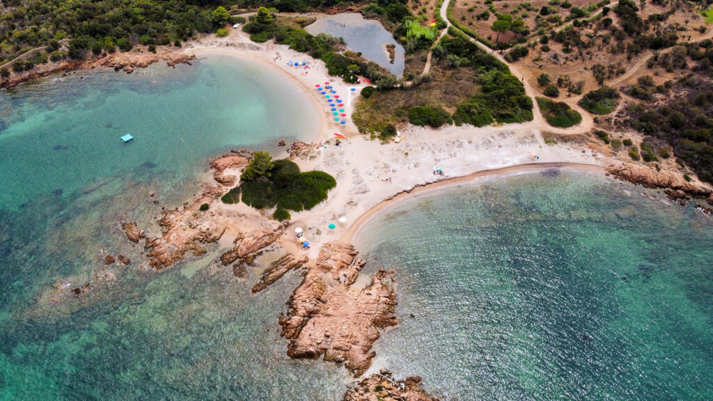 Aerial view of the Punta don Diego beach in Sardinia (Italy)