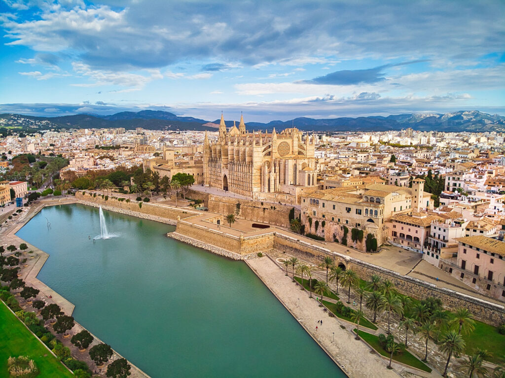 An aerial view of the Palma de Mallorca Cathedral and other buildings in Majorca, Spain