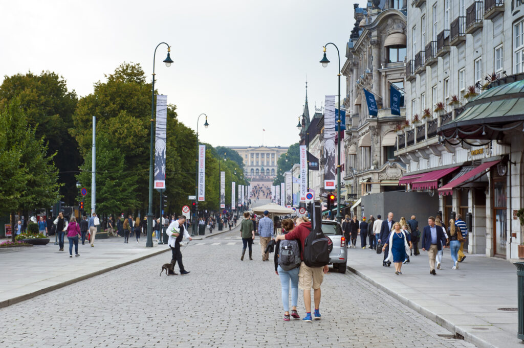 Karl Johans gate (street) and The Royal Palace in Oslo in Norway, August 26, 2016