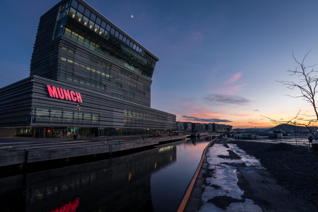 Newly built Munch Museum in Oslo, Norway seen at a winter night