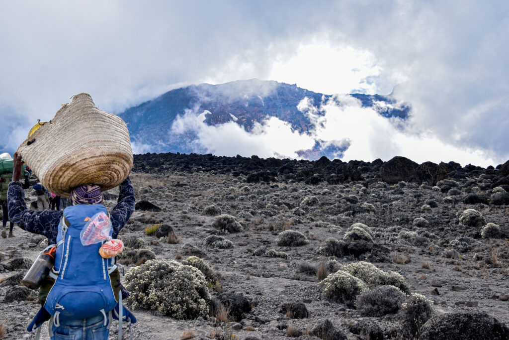 Arusha, Tanzania – August 17, 2022: A diverse group of hikers trekking across the rugged terrain of Mount Kilimanjaro