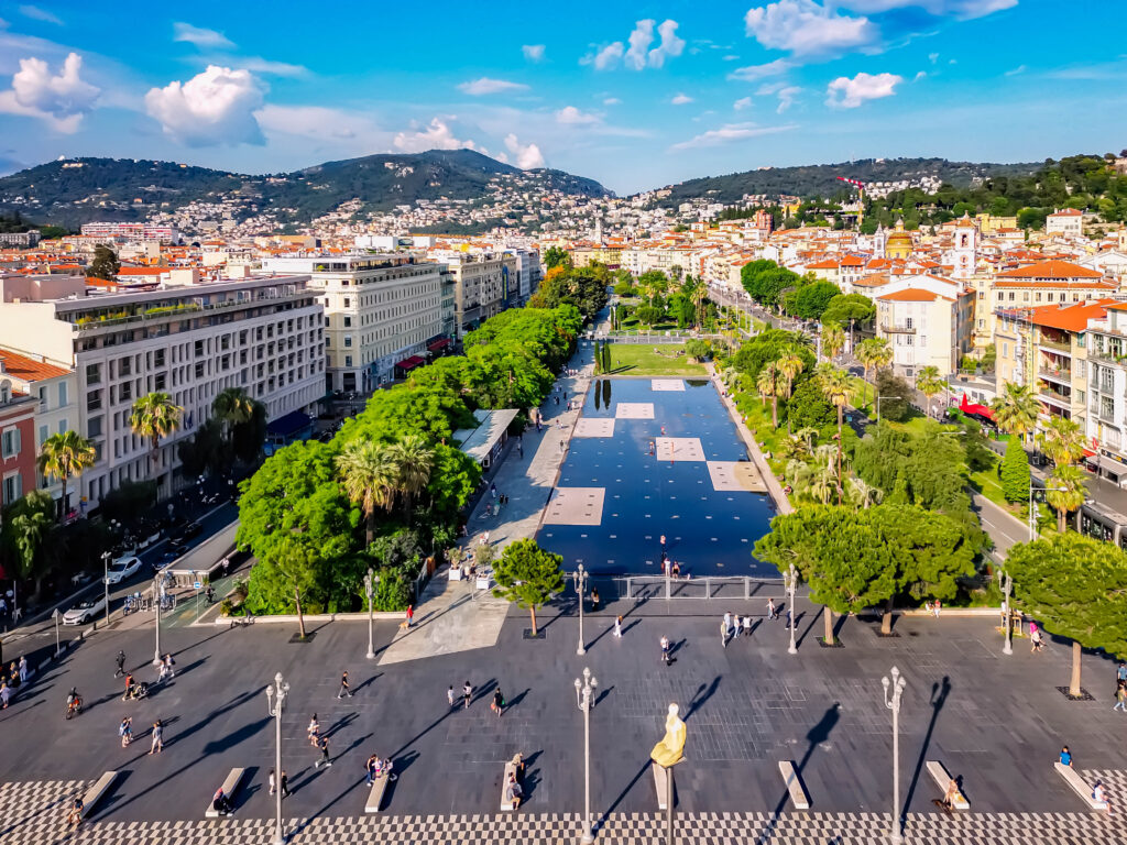 An aerial view of the reflecting pools at Place Massena, Nice.