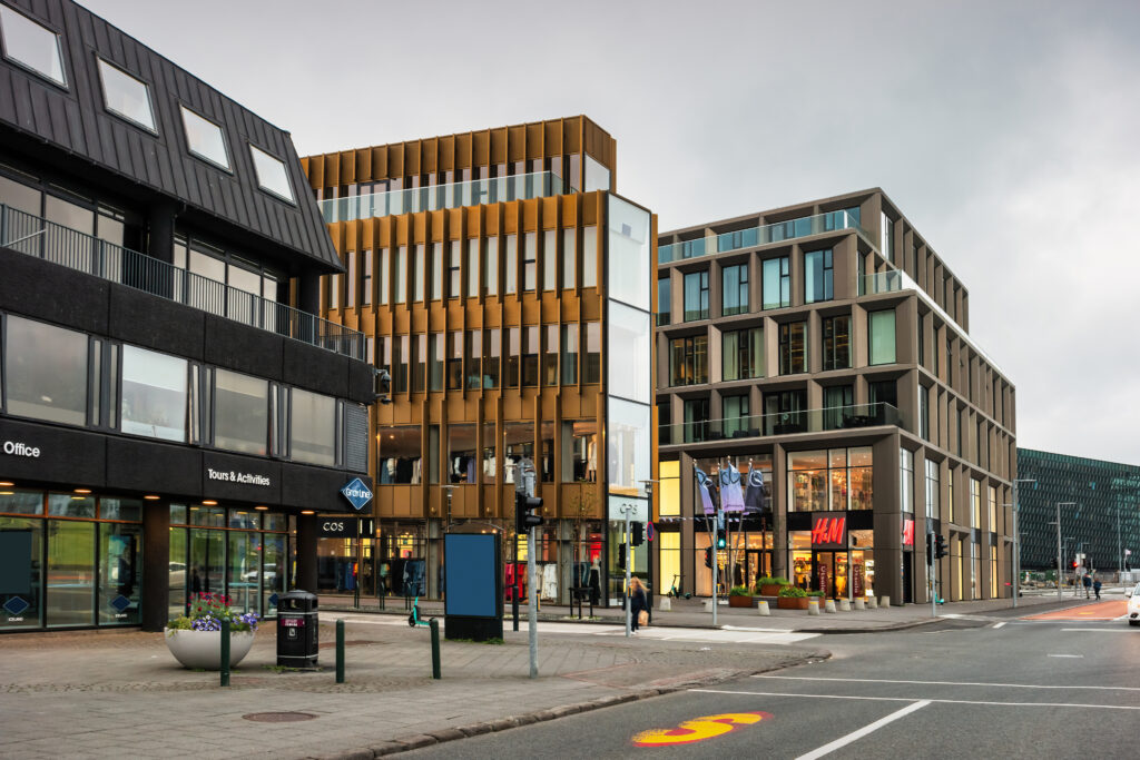 Modern stores in downtown Reykjavik, Iceland.