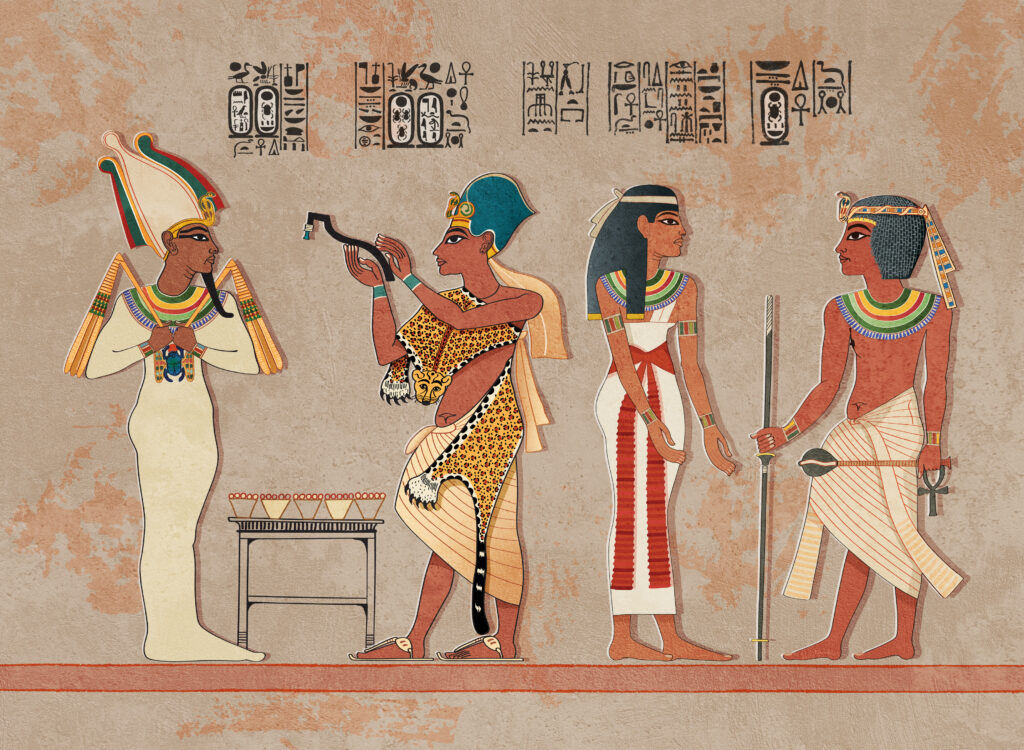 King Ay performing the opening of the mouth ceremony on the mummy of Tutankhamen – Pharaoh Tutankhamen being greeted by the goddess illustration