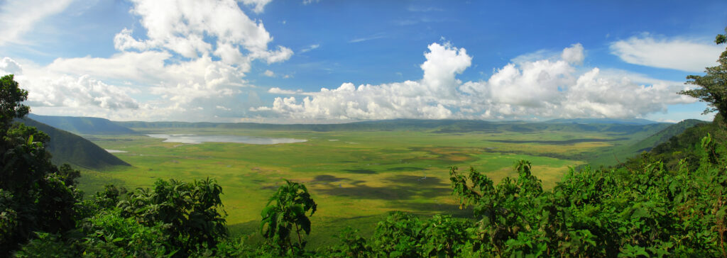 Panoramic view of Ngorongoro Crater in Tanzania created by a collapsing volcano