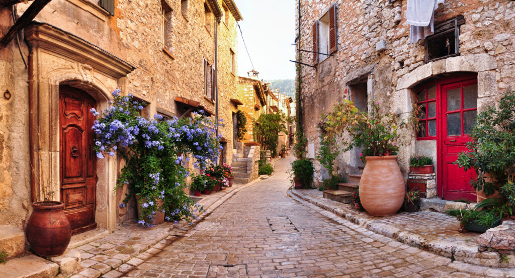 Old, romantic, French stone street panorama, very romantic and typical for Nice city region