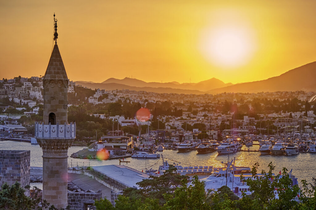 Bodrum, Turkey. View of Marina, Yachts and boats in the Aegean Sea at sunset, Seascape