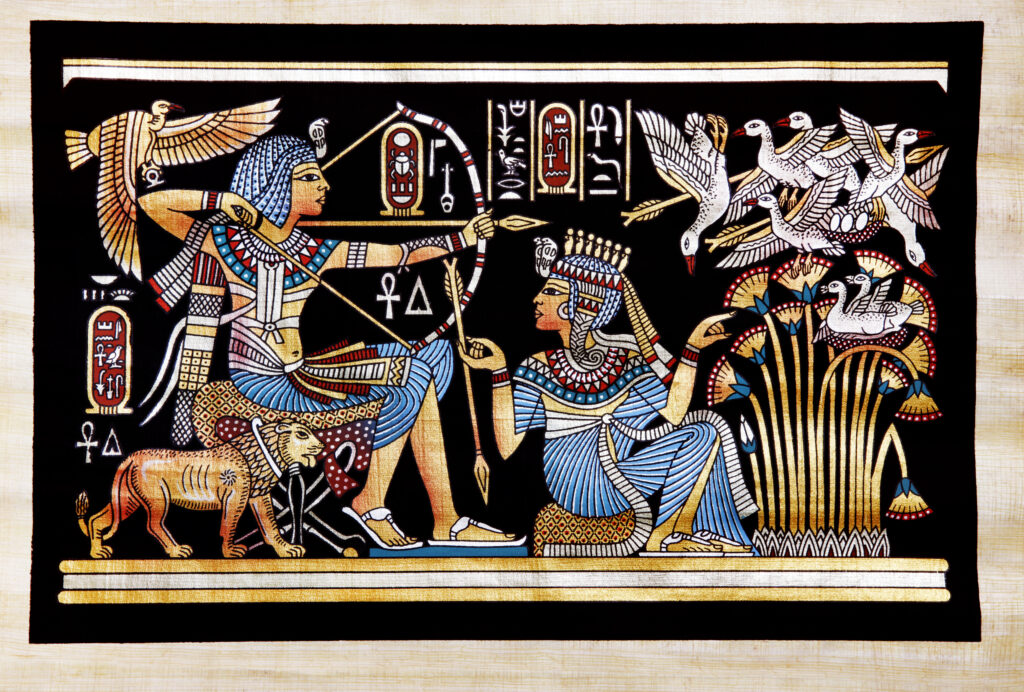 King Tut had many pictures describing his love to hunting; in this papyrus painting we can see him sitting on his chair and using his bow to hunt birds. Also we can see his wife Ankhesenamun in front of him giving him the arrows and helping him to find the birds in the lotus flowers, artist unknown (circa 1300BC).