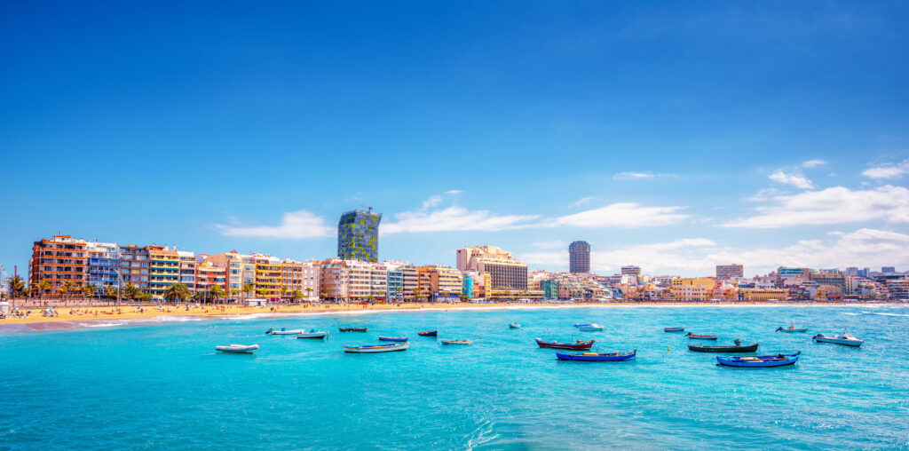 Panoramic view over the busy beach "Playa De Las Canteras" of Las Palmas de Gran Canaria, Spain