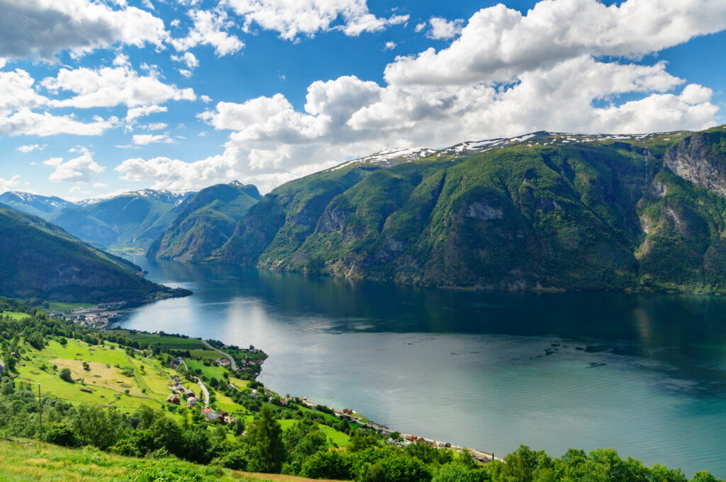 Panoramic sunny view on Aurlandsfjord, Norway