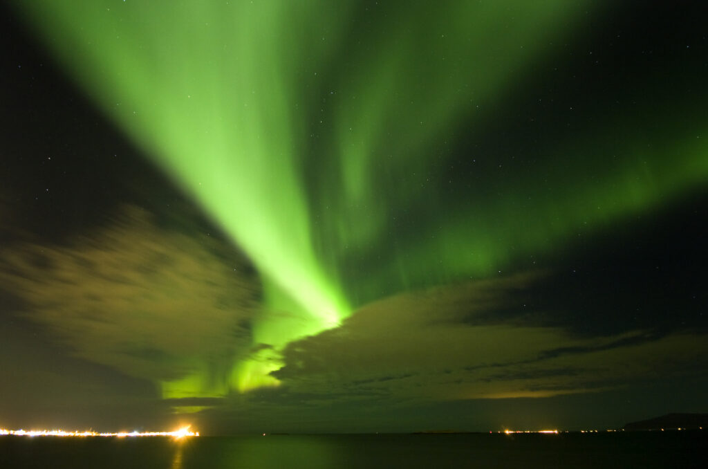 Northern lights in Iceland. Big display of Aurora Borealis in south Iceland. Close to Reykjavik city.