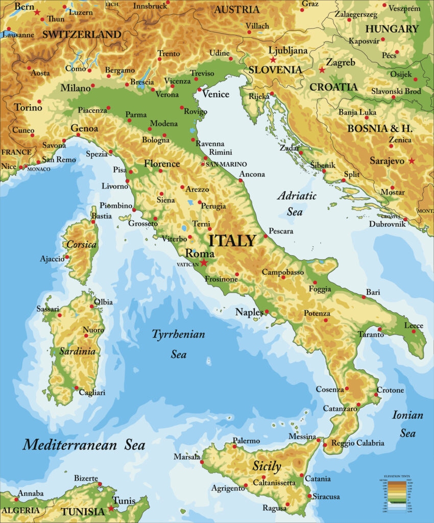 Highly detailed physical map of Italy in vector format,