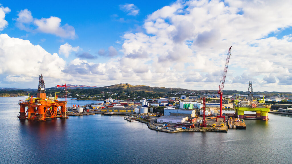 Oil rigs under maintenance near Bergen, Norway.