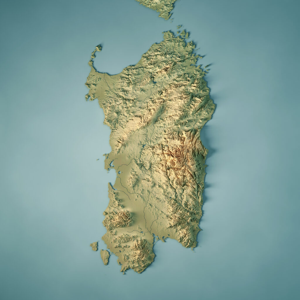 3D Render of a Topographic Map of Sardinia Island, Italy. All source data is in the public domain. Color texture: Made with Natural Earth.  