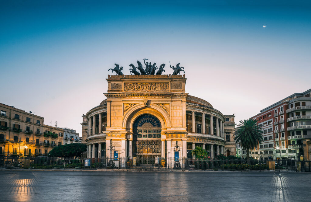 The morning view of the Politeama Garibaldi theater in Palermo, Sicily, Italy