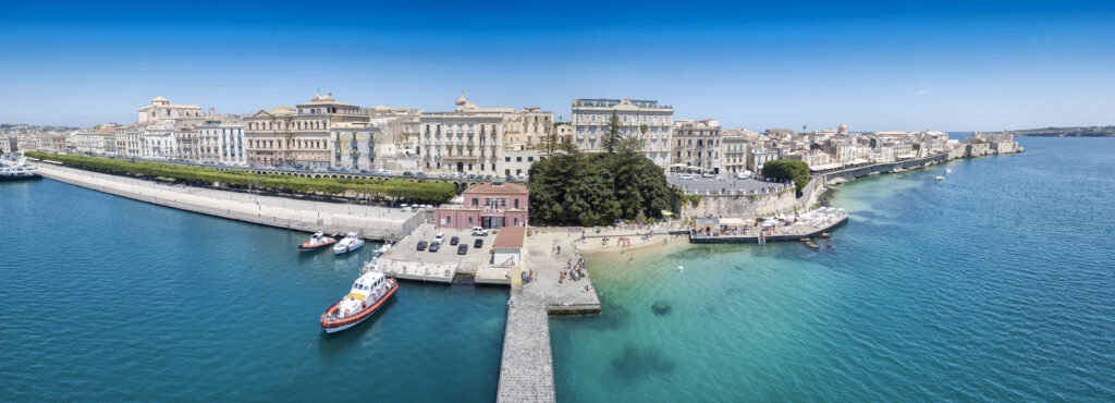 Panoramic view of Ortygia, Syracuse, Sicily. Photo taken with drone.