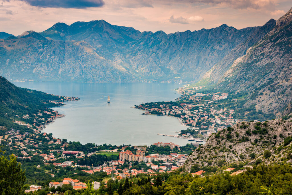 High angle view of Kotor bay at sunset